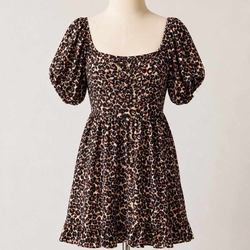 Who What Wear Leopard Print Puff Sleeve Linen Blend Mini Dress XXL Animal Print
